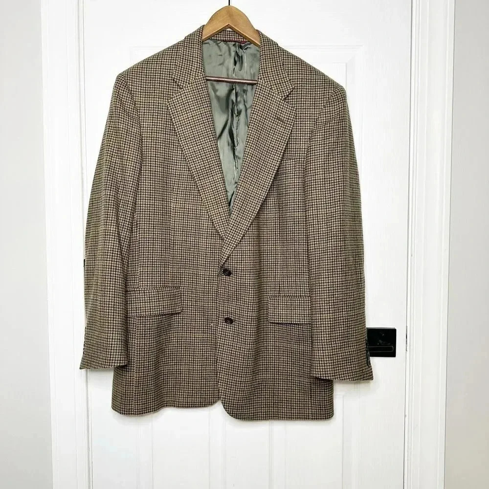 JOS A. BANK 100% Cashmere Vtg Houndstooth Tweed Two Button‎ Sports Coat Size 44